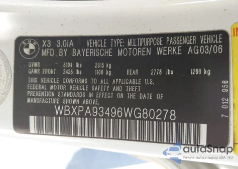 2006 BMW X3 3.0I z USA, uszkodzony, nr VIN WBXPA93496WG80278